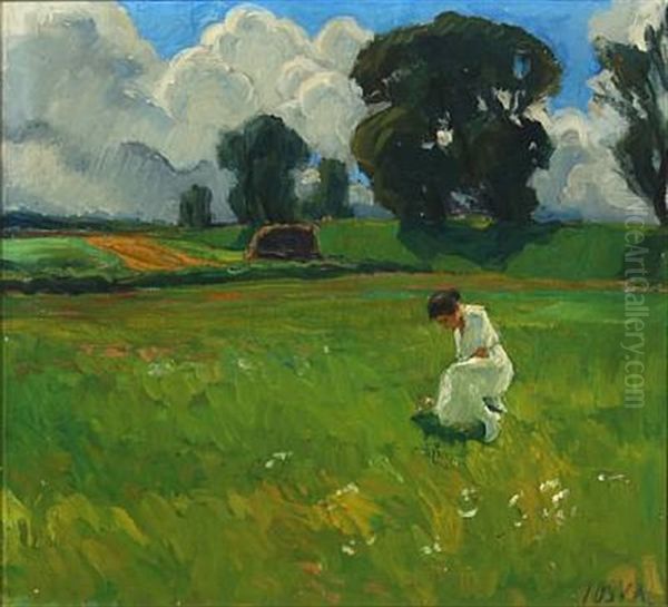 Landscape With A Young Woman In A White Dress Oil Painting by Soren Josva Christensen