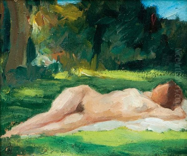 Strechted Out Nude Oil Painting by Hans Christiansen