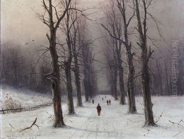 A Wintry Tree Lined Road And Figures Waiting By A River, A Pair Oil Painting by Nils Hans Christiansen