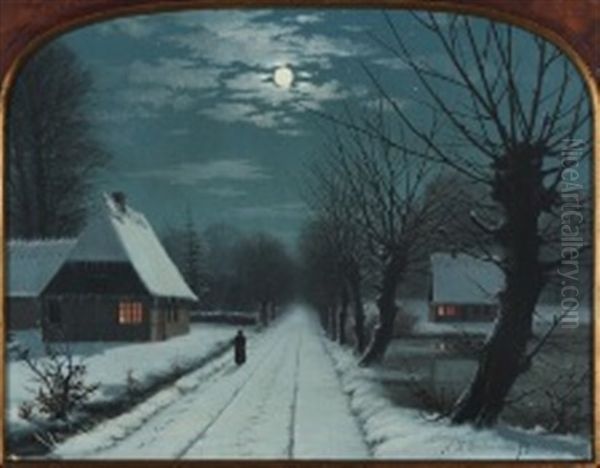 Snowy Village Street In Moonlight Oil Painting by Nils Hans Christiansen