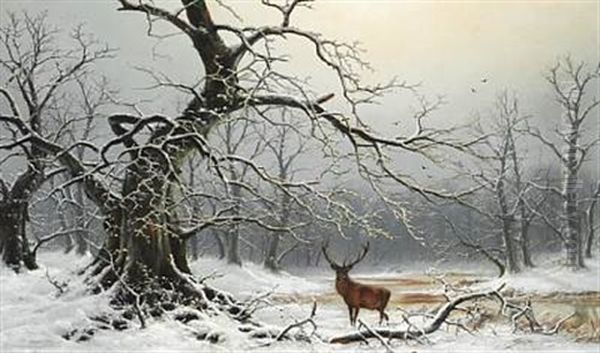 Winter Landscape With A Stag Oil Painting by Nils Hans Christiansen