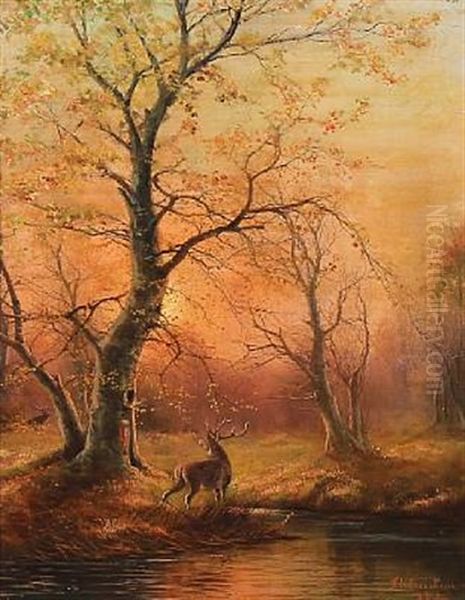 Forest Scene With Deer At Sunset Oil Painting by Nils Hans Christiansen