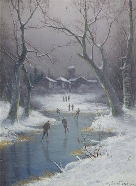 Figures On A Frozen Lake (+ Returning Home With The Setting Sun; Pair) Oil Painting by Nils Hans Christiansen