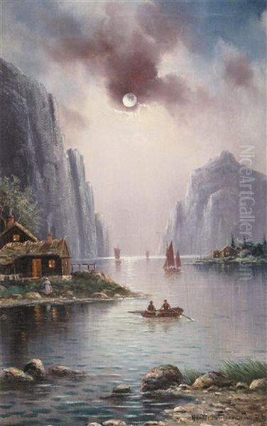 A Fjord In Moonlight Oil Painting by Nils Hans Christiansen