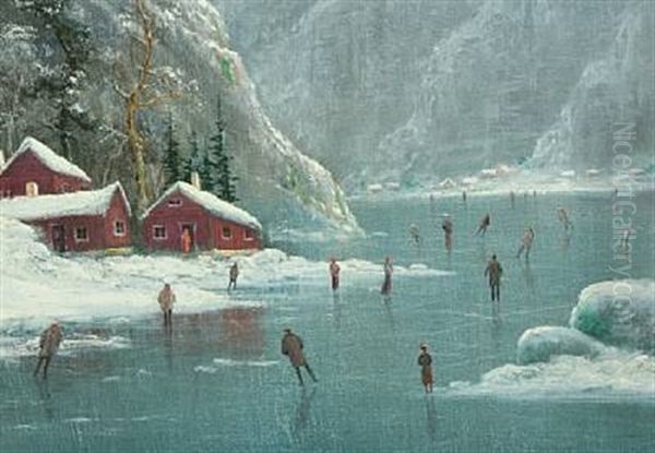 Norwegian Wintry Landscape With People Ice Skating On A Fjord Oil Painting by Nils Hans Christiansen