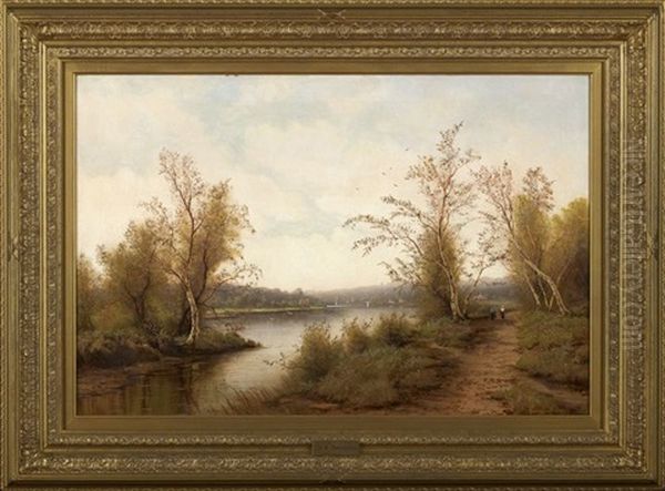 Bucolic Landscape Of Figures Walking On A Riverside Path Oil Painting by Nils Hans Christiansen