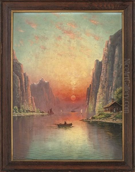 A Fjord At Sunset (+ A Moonlit Fjord; Pair) Oil Painting by Nils Hans Christiansen