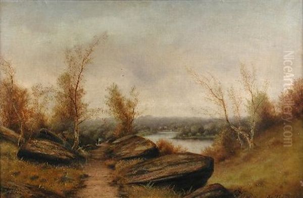 View Of A Danish Lake With Walkers On A Track Oil Painting by Nils Hans Christiansen