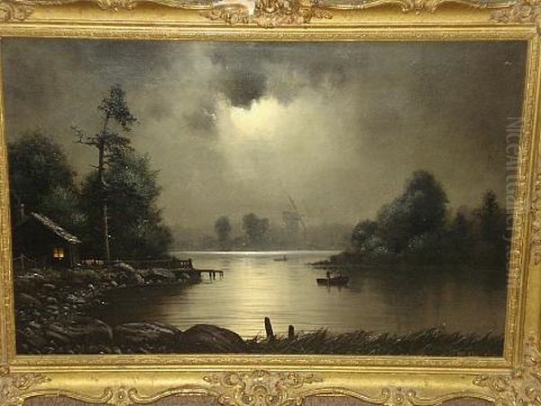 A Moonlit River Scene Oil Painting by Nils Hans Christiansen