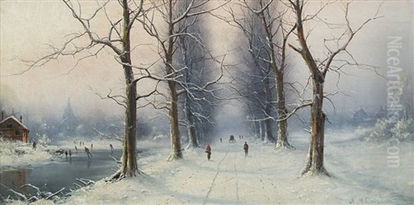 Winterlandschaft Mit Hausern, Kirche Und Schlittschuhlaufern Im Fahlen Sonnenlicht Oil Painting by Nils Hans Christiansen