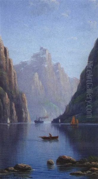 Scandinavian Fjord Landscape With Fishing Boats (+ Another; Pair) Oil Painting by Nils Hans Christiansen