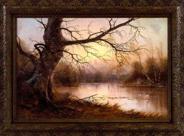 River Landscape At Dusk Oil Painting by Nils Hans Christiansen