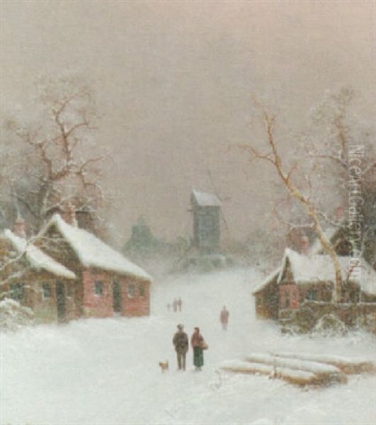 Village Scene In Winter Oil Painting by Nils Hans Christiansen