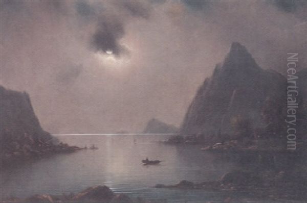 A Fjord Scene At Sunset With Fishing Smacks And A Figure In A Dinghy In The Foreground Oil Painting by Nils Hans Christiansen