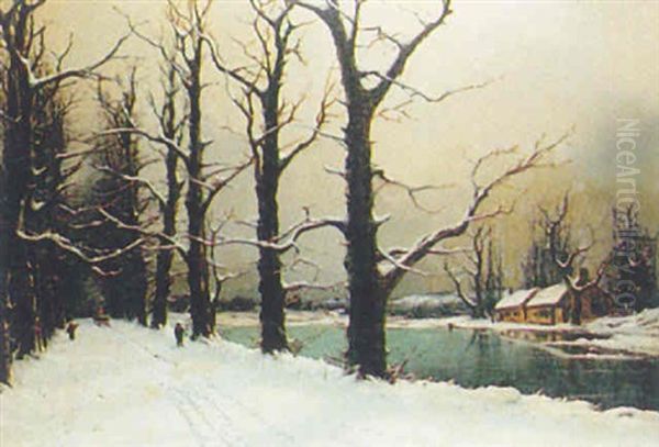 Faggot Gatherers In A Winter Landscape Oil Painting by Nils Hans Christiansen