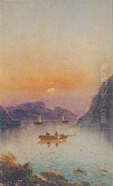 Boating On A Fjord At Sunset Oil Painting by Nils Hans Christiansen