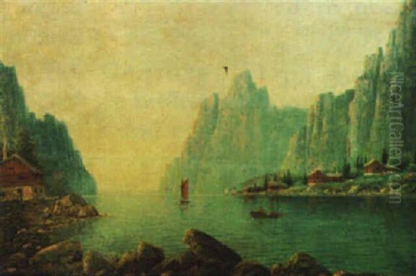 Norwegian Fjord Scene Oil Painting by Nils Hans Christiansen