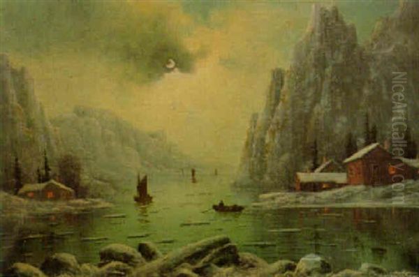 Norwegian Fjord Scene Oil Painting by Nils Hans Christiansen