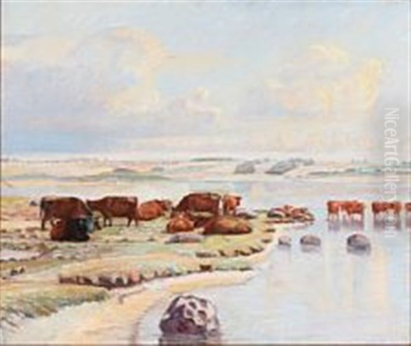 Koer Pa Engen Ved Dyrnaes Oil Painting by Poul S. Christiansen