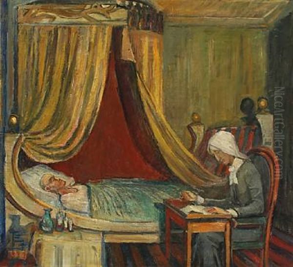 Deathbed Scene From The Novel Adam Homo Oil Painting by Poul S. Christiansen