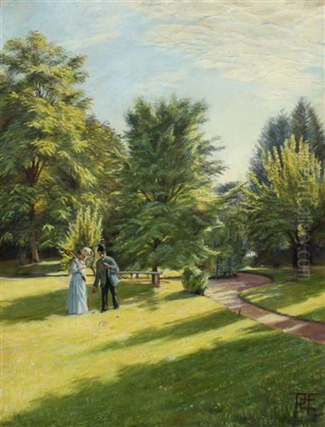 Scenery From The Park At Karise Folk High School With A Couple Playing Croquet Oil Painting by Poul S. Christiansen