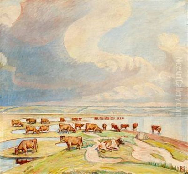 Landscape With Cows Oil Painting by Poul S. Christiansen