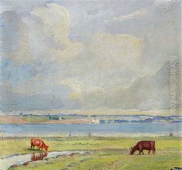 Engbillede Med Graessende Koer Oil Painting by Poul S. Christiansen