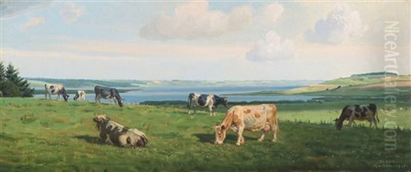 Scenery From Hjarbaek Fjord With Grazing Cows Oil Painting by Rasmus Christiansen