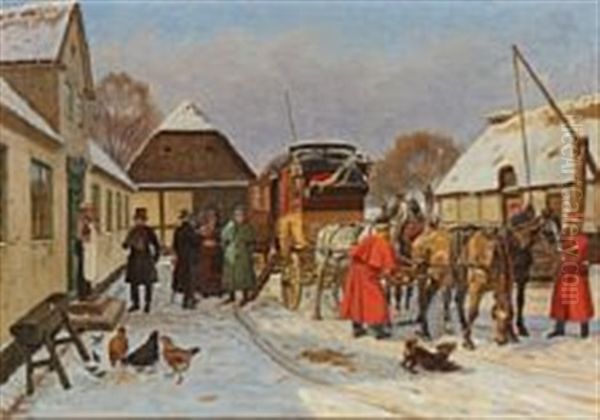 Winter Village Scenery With Street Life Around The Stagecoach Oil Painting by Rasmus Christiansen