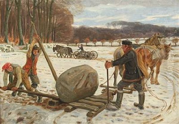 A Large Stone Is Removed From The Field During The Winter Oil Painting by Rasmus Christiansen