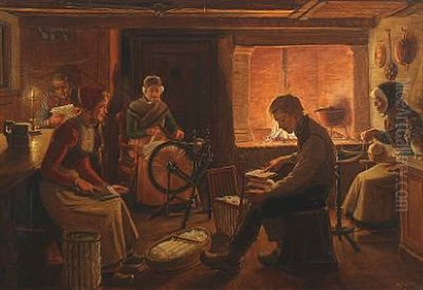 Spinning At Eventide In A Peasant Home by Rasmus Christiansen