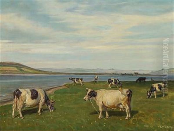 Grazing Cows Oil Painting by Rasmus Christiansen