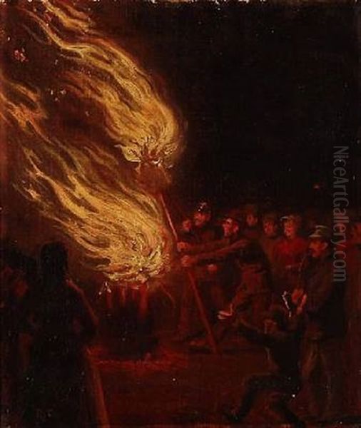 People Around A Bonfire At St. John's Eve Oil Painting by Rasmus Christiansen