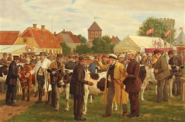 People Making Deals At Market Day Oil Painting by Rasmus Christiansen