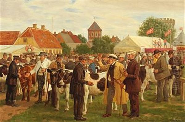 People Making Deals At Market Day Oil Painting by Rasmus Christiansen