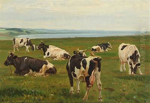 Landscape With Cows By Hjarbaek Fjord Oil Painting by Rasmus Christiansen