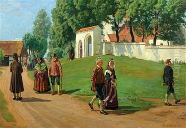 Scenery With Persons By Onsbjerg Church, Samsoe Oil Painting by Rasmus Christiansen