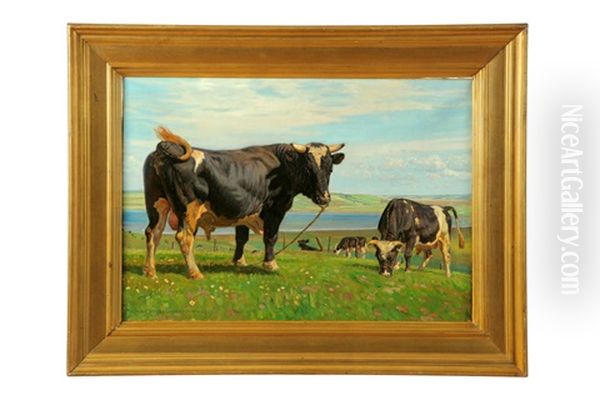 Cows Grazing Oil Painting by Rasmus Christiansen