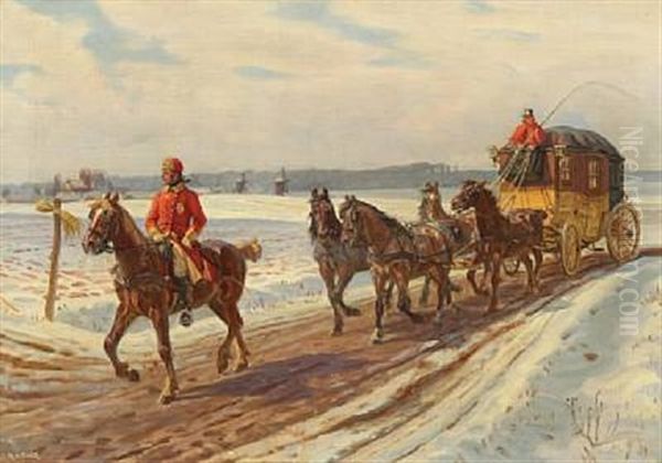 Postkariol Med Forrider Pa Landevej I Vinterdag Oil Painting by Rasmus Christiansen