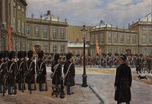 The Royal Guard At Amalienborg Castle Square, Copenhagen Oil Painting by Rasmus Christiansen