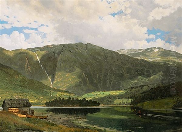 Gebirgslandschaft Mit Stillem See Und Ruderer Oil Painting by Rasmus Christiansen