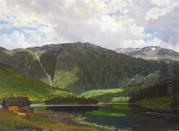 Gebirgslandschaft Mit Stillem See Und Ruderer Oil Painting by Rasmus Christiansen