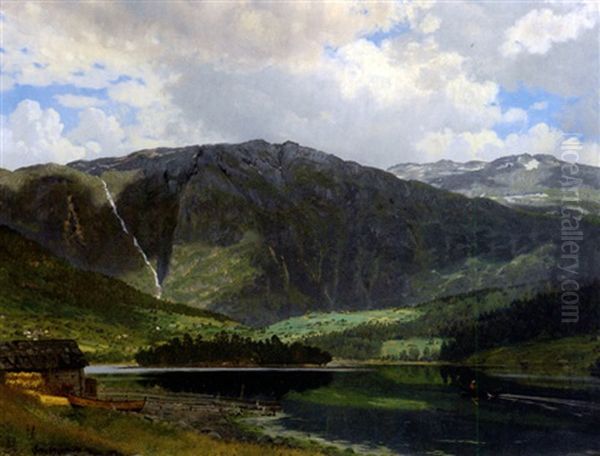 Gebirgslandschaft Mit Stillem See Und Ruderer Oil Painting by Rasmus Christiansen