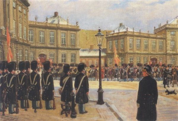 Livgarden Pa Amalienborg Slotsplads Oil Painting by Rasmus Christiansen