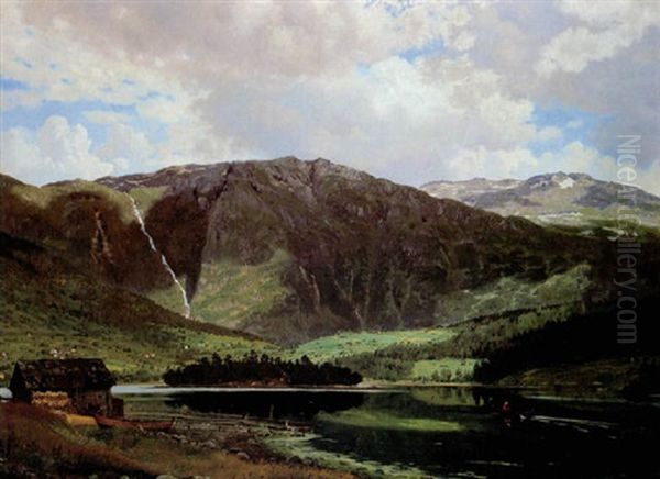 Gebirgslandschaft Mit Stillem See Und Ruderer Oil Painting by Rasmus Christiansen