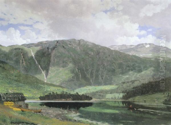 Gebirgslandschaft Mit Stillem See Und Ruderer Oil Painting by Rasmus Christiansen