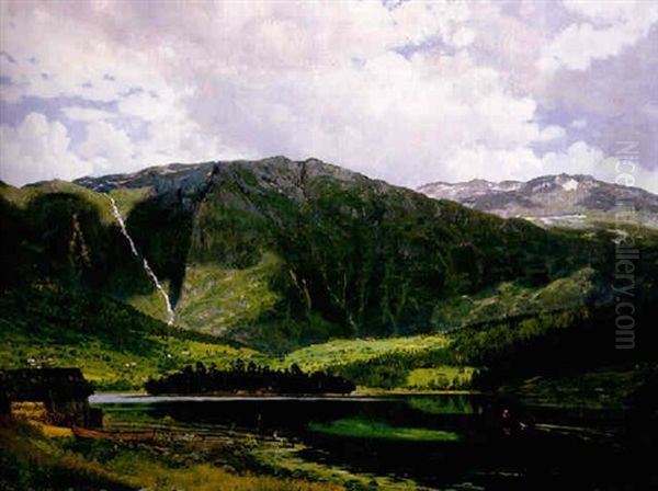 Gebirgslandschaft Mit Stillem See Und Ruderer Oil Painting by Rasmus Christiansen