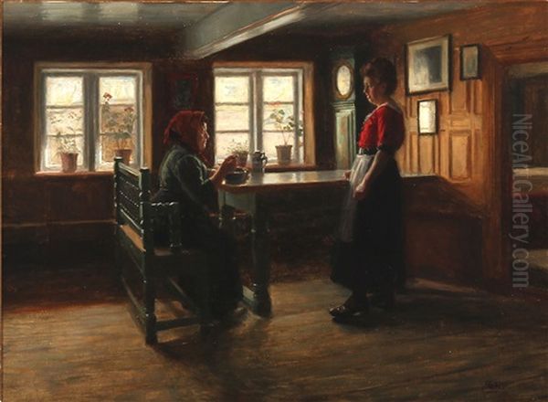 Interior Of A Farm House With Two Women Oil Painting by Soren Christiansen