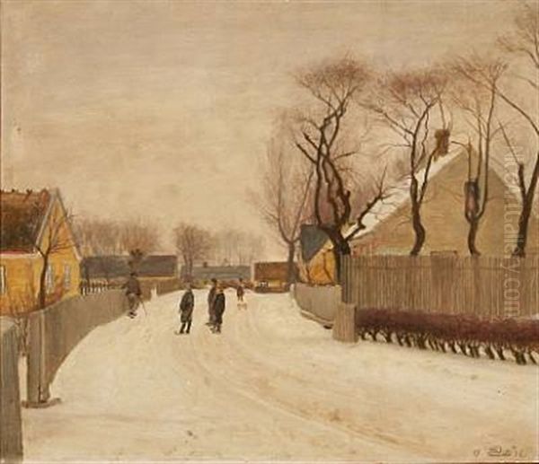 Children Playing In A Village, Winter Oil Painting by Soren Christiansen