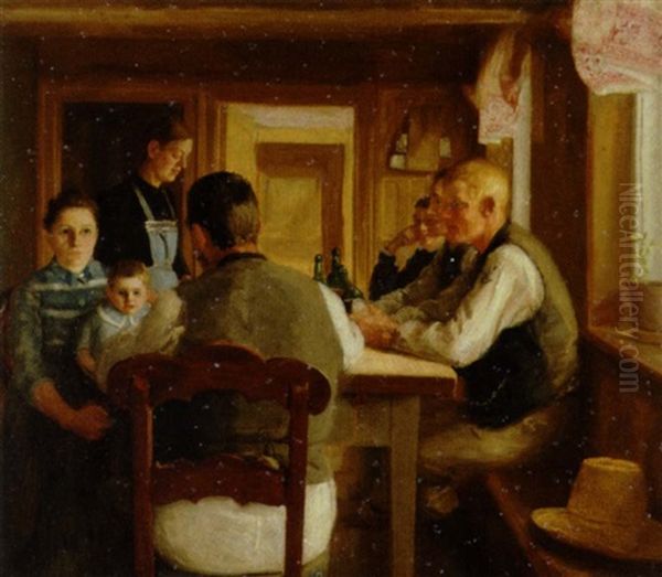 Familien Er Samlet Ved Spisebordet, Maendene Drikker Ol Af Flaske Oil Painting by Soren Christiansen